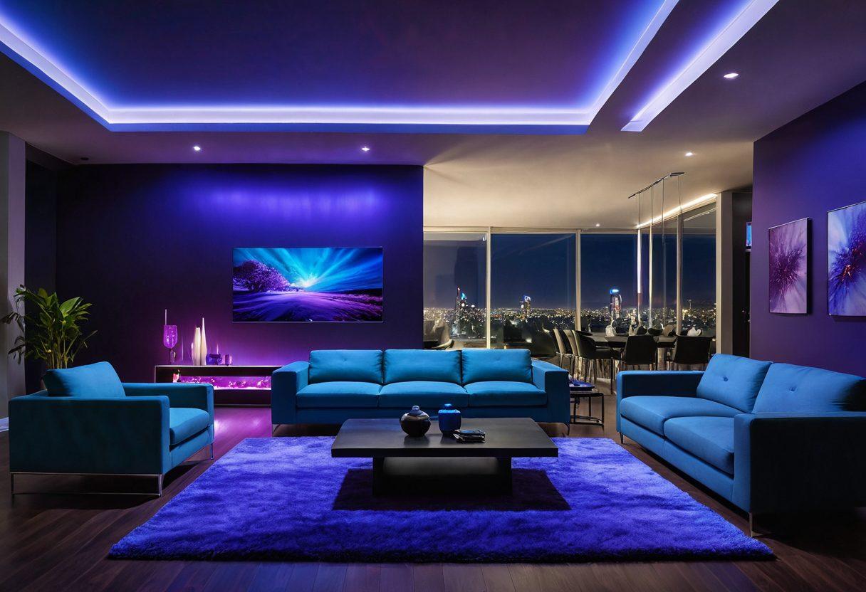 A modern living room bathed in vibrant, colorful digital illumination by MartiniLight. Sleek, futuristic light fixtures seamlessly integrated into the room, casting a mesmerizing blend of purples, blues, and greens. A cozy yet sophisticated ambiance, highlighting stylish furniture and innovative lighting solutions. super-realistic. vibrant colors. futuristic. indoor setting.