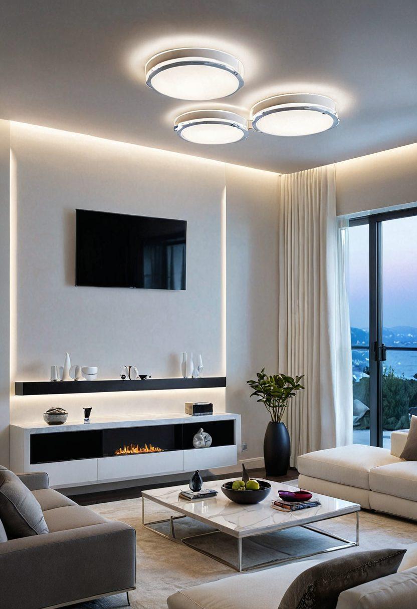 A cozy, modern living room bathed in soft, ambient light from elegant MartiniLight fixtures, with meticulously designed digital interfaces controlling the lighting. The scene should showcase a seamless blend of technology and style, with sleek digital panels and smart devices integrated into the decor. Include a hint of futuristic elements to emphasize the innovative design. super-realistic. vibrant colors. white background.
