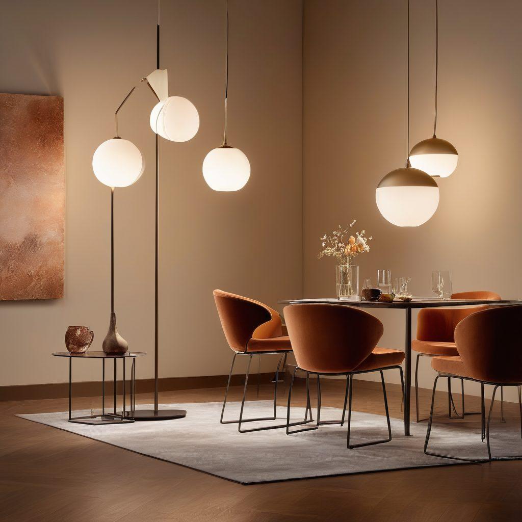 An elegantly designed high-end studio displaying MartiniLight's range of sophisticated and modern lighting products; exquisite floor lamps, hanging pendants, sleek table lamps, all illuminated to showcase their unique craftsmanship and design excellence. The background features a minimalist interior with luxurious textures and neutral tones, highlighting the lights as pieces of art. super-realistic. vibrant colors. luxury ambiance.